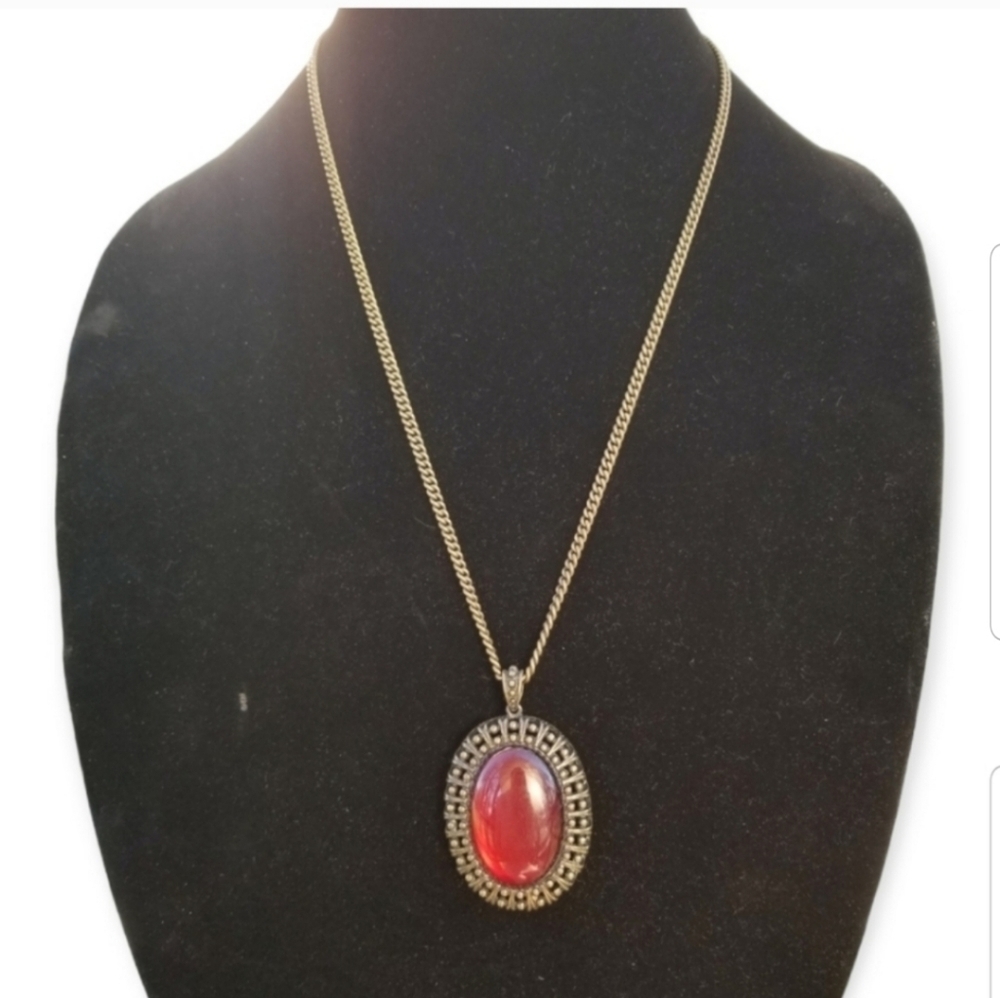 NANCY & RISE ANTIQUED BRASS & RED CABACHON VICTORIAN REVIVAL PENDANT NECKLACE